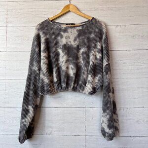 Lulus Top SZ Large Majorly Cozy Grey Tie Dye Waffle Knit Long Sleeve Crop Boho
